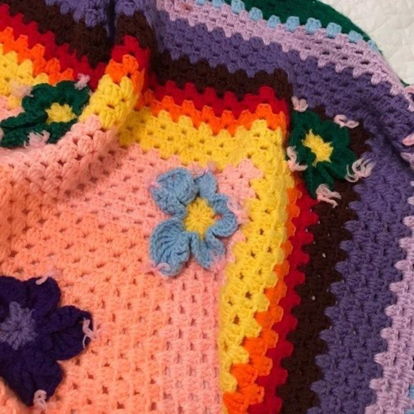 Rainbow 3D Flowers Crochet Throw Afghan Blanket - Picture 4 of 10